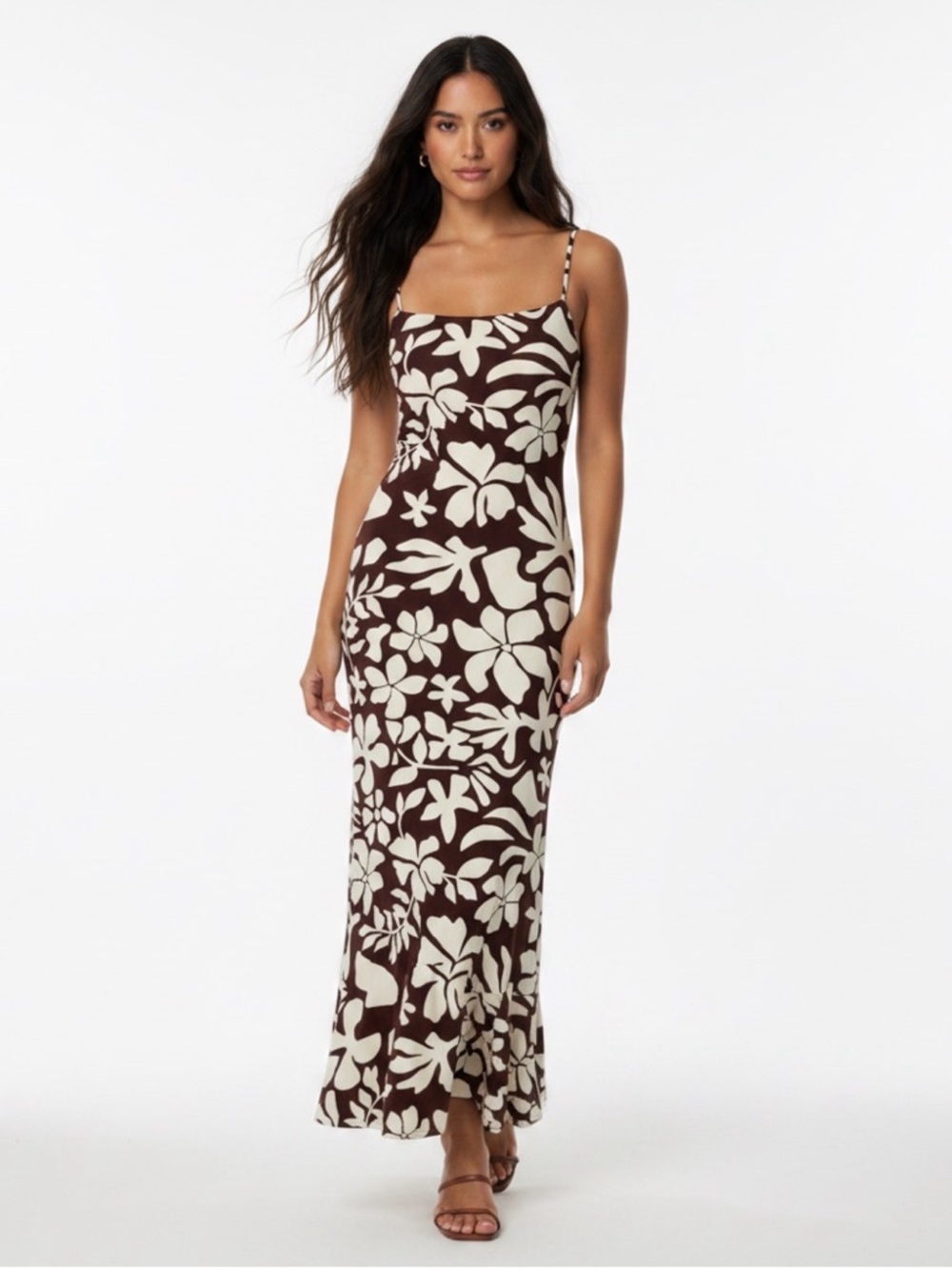 Anthropologie  Brown & Cream Floral Slim Slip Dress